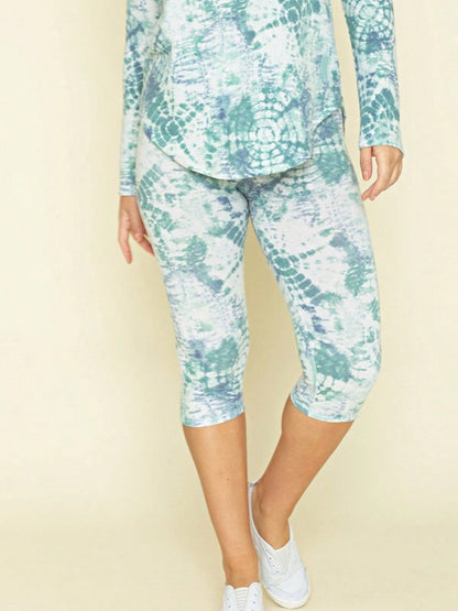 Boho Retro 60"S Geo Tie Die Knee Length Water Color Green Charcoal Leggings Bottom Pants Only