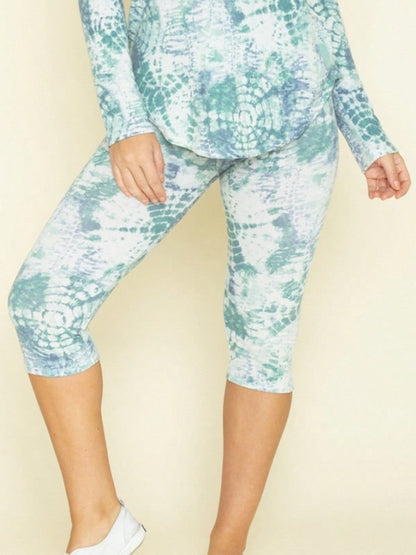 Boho Retro 60"S Geo Tie Die Knee Length Water Color Green Charcoal Leggings Bottom Pants Only