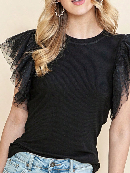 Boho Retro Black Pink Dot Mesh Ruffle Trimmed Viscose Rayon Soft Top Shirt Blouse