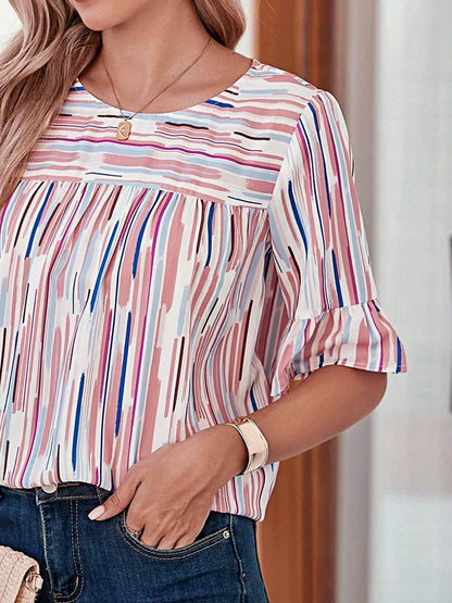Boho Retro Vintage 60's Vibe Pink Blue Stripe Bubble Ruffle Bell Half Sleeve Top Shirt Blouse