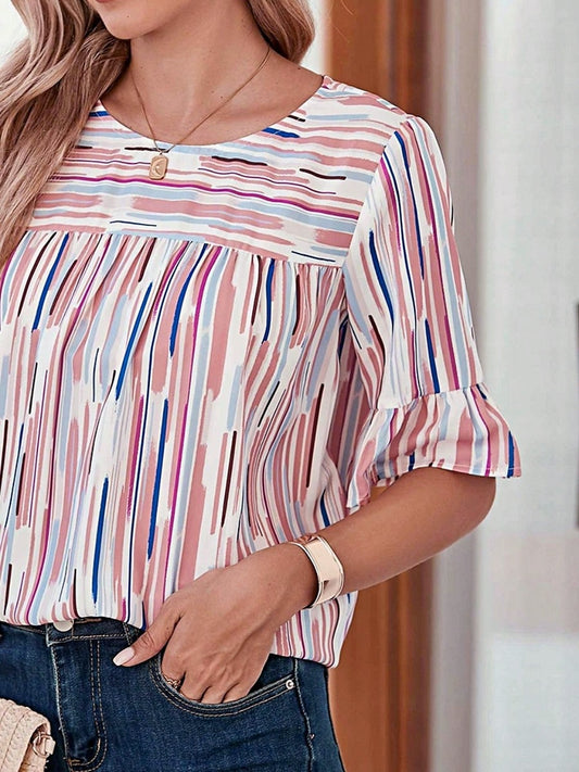 Boho Retro Vintage 60's Vibe Pink Blue Stripe Bubble Ruffle Bell Half Sleeve Top Shirt Blouse