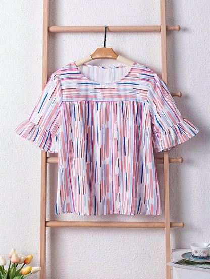 Boho Retro Vintage 60's Vibe Pink Blue Stripe Bubble Ruffle Bell Half Sleeve Top Shirt Blouse