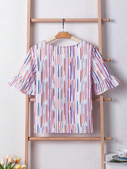 Boho Retro Vintage 60's Vibe Pink Blue Stripe Bubble Ruffle Bell Half Sleeve Top Shirt Blouse