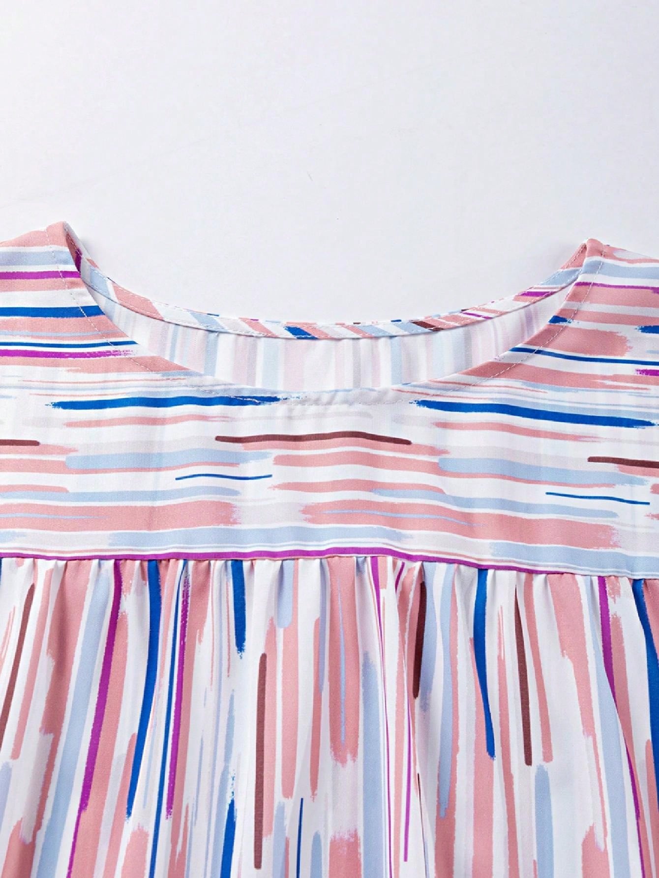 Boho Retro Vintage 60's Vibe Pink Blue Stripe Bubble Ruffle Bell Half Sleeve Top Shirt Blouse