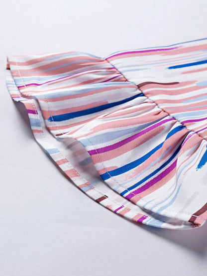 Boho Retro Vintage 60's Vibe Pink Blue Stripe Bubble Ruffle Bell Half Sleeve Top Shirt Blouse