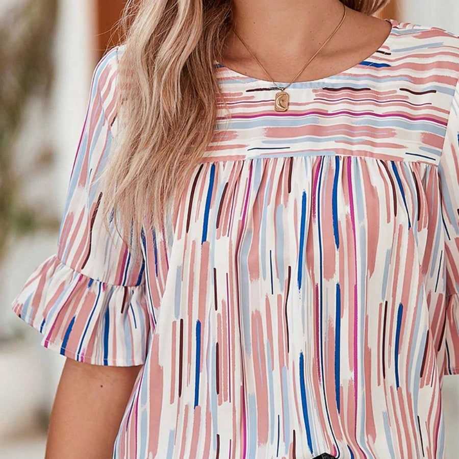 Boho Retro Vintage 60's Vibe Pink Blue Stripe Bubble Ruffle Bell Half Sleeve Top Shirt Blouse