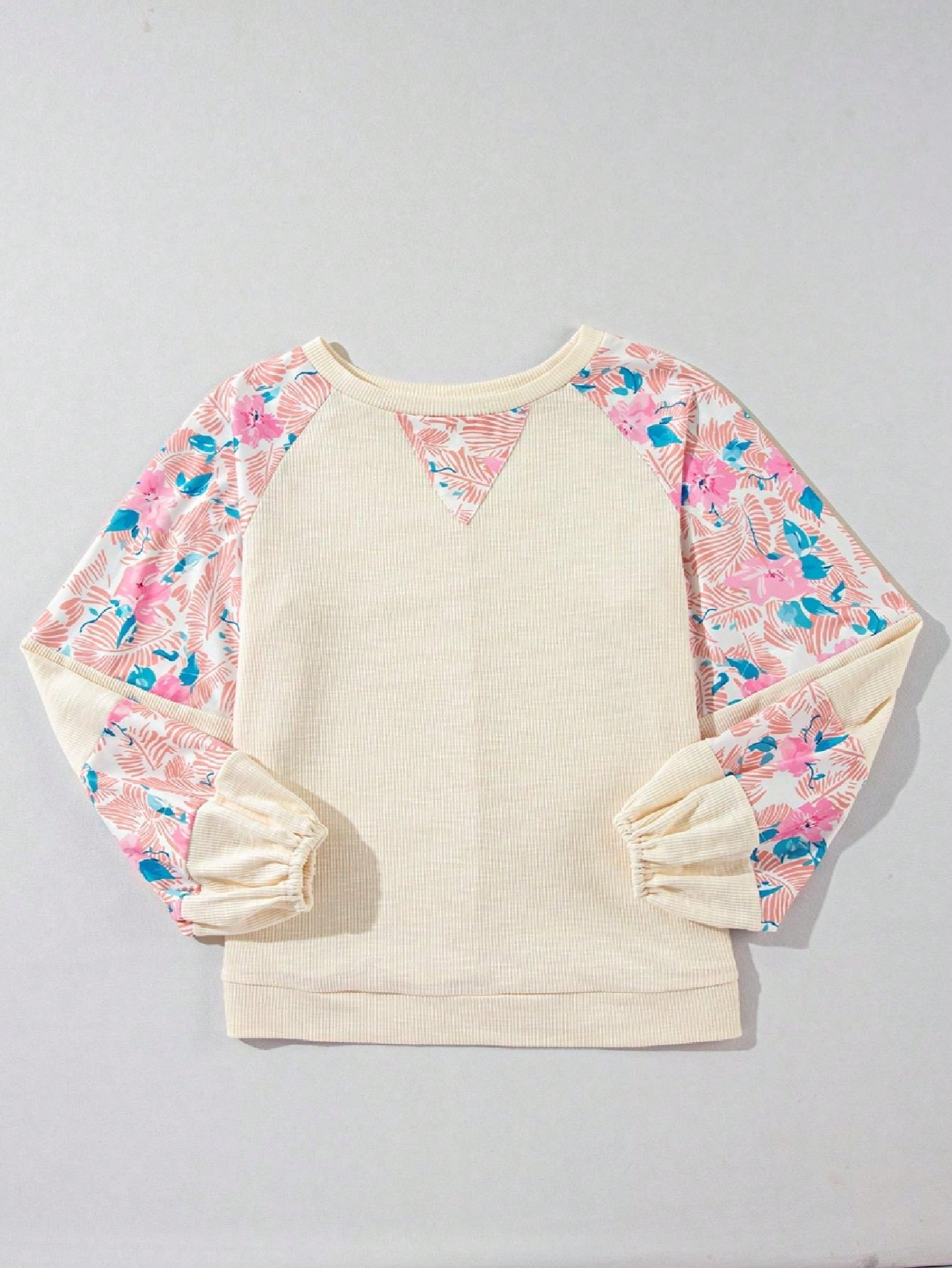 Boho Retro Vintage 60's Vibe Cream Cotton Raglan Lantern Bubble Puff  Sleeve  Floral Rib Patchwork Top Sweat Shirt Blouse