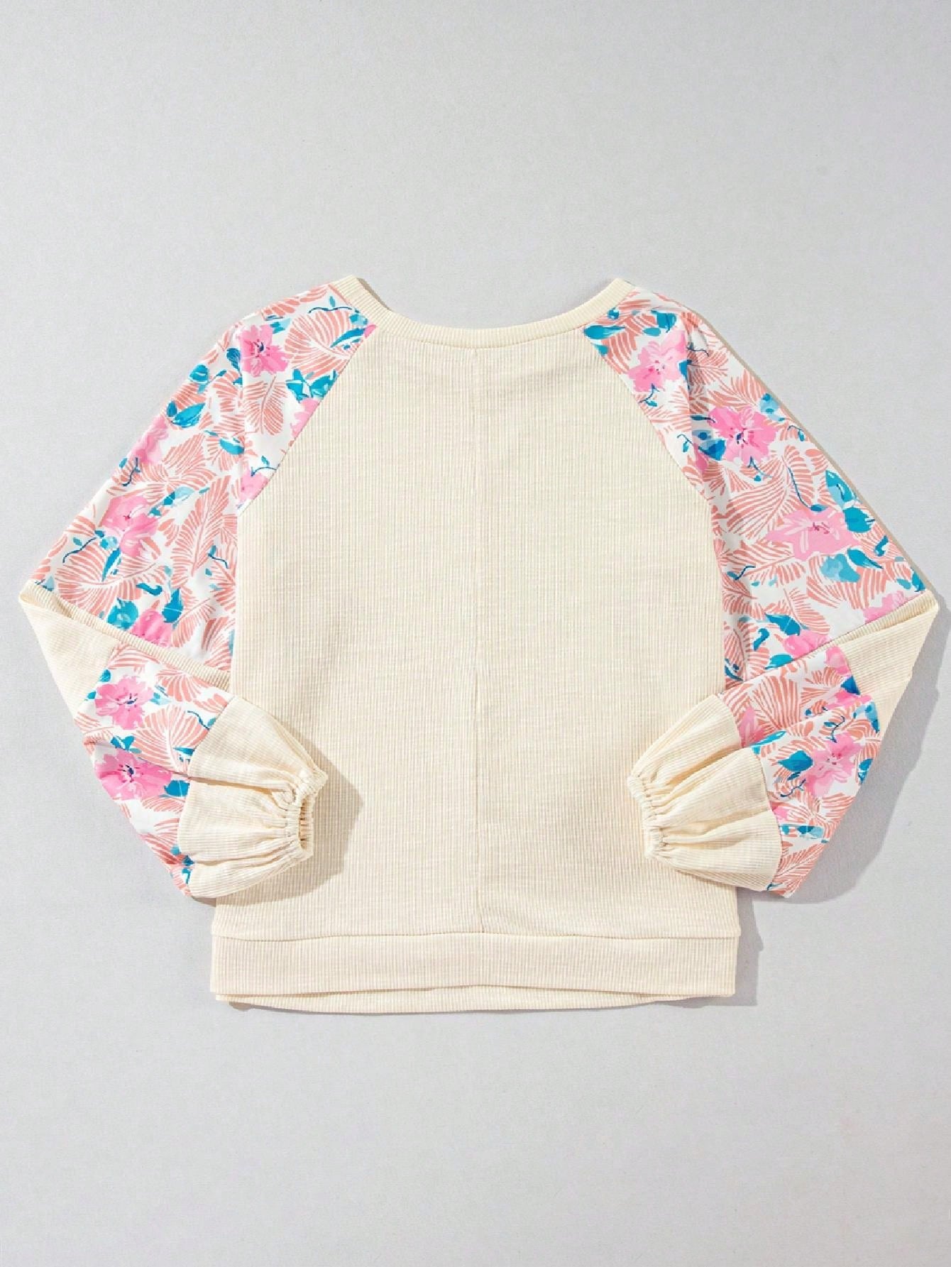 Boho Retro Vintage 60's Vibe Cream Cotton Raglan Lantern Bubble Puff  Sleeve  Floral Rib Patchwork Top Sweat Shirt Blouse