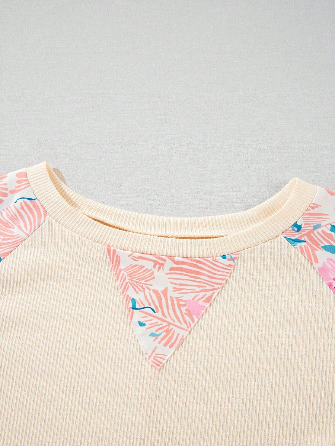 Boho Retro Vintage 60's Vibe Cream Cotton Raglan Lantern Bubble Puff  Sleeve  Floral Rib Patchwork Top Sweat Shirt Blouse