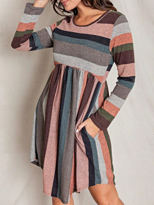 Boho Retro Vintage Mint Olive Coral Purple Pink  Navy Mint Multi Stripe  Knit Swing Dress | Small -3XL Plus
