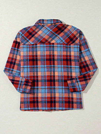 Boho Retro Button Up Vintage 90's Cotton Red Blue Plaid Print Drop Sleeve Loose Shirt Shacket