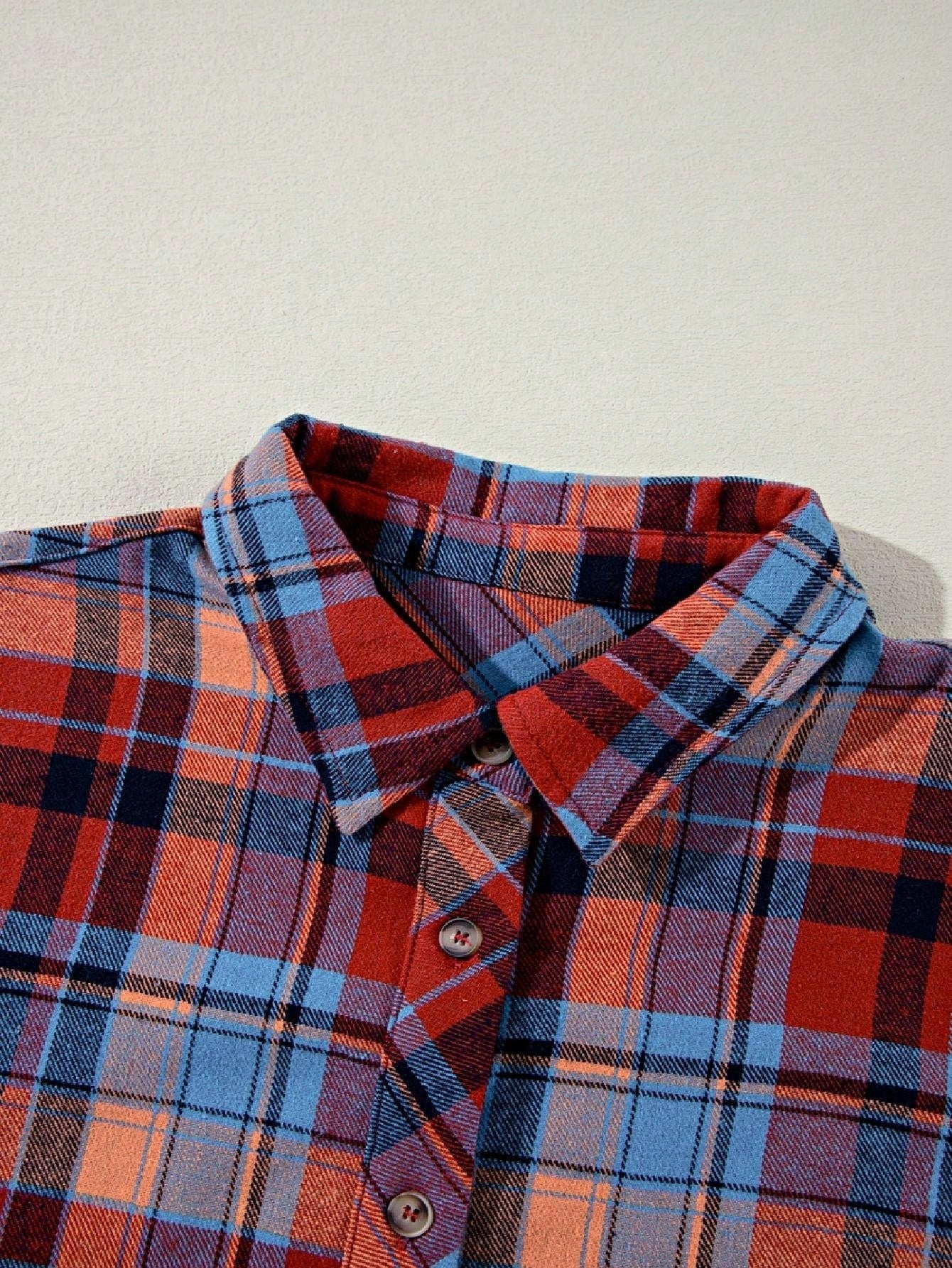 Boho Retro Button Up Vintage 90's Cotton Red Blue Plaid Print Drop Sleeve Loose Shirt Shacket