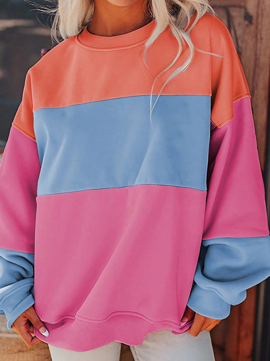 Boho Retro Vintage 90's Vibe Cotton Drop Shoulder Over Size Color Block Sleeve  Sweat Shirt  Top Pull Over Sweater