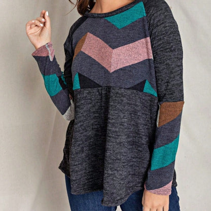 Boho Retro 60's Vintage Chevron Print Black Olive Baby Doll Tunic Top