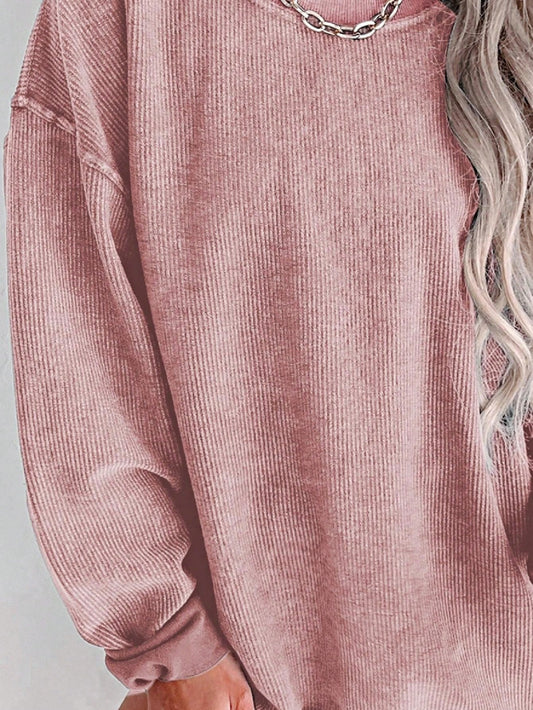Boho Retro Vintage Oversized Ribbed Corduroy Effect Bubble Puff  Sleeve  Oversized Solid Color Top Sweat Shirt Pull Over