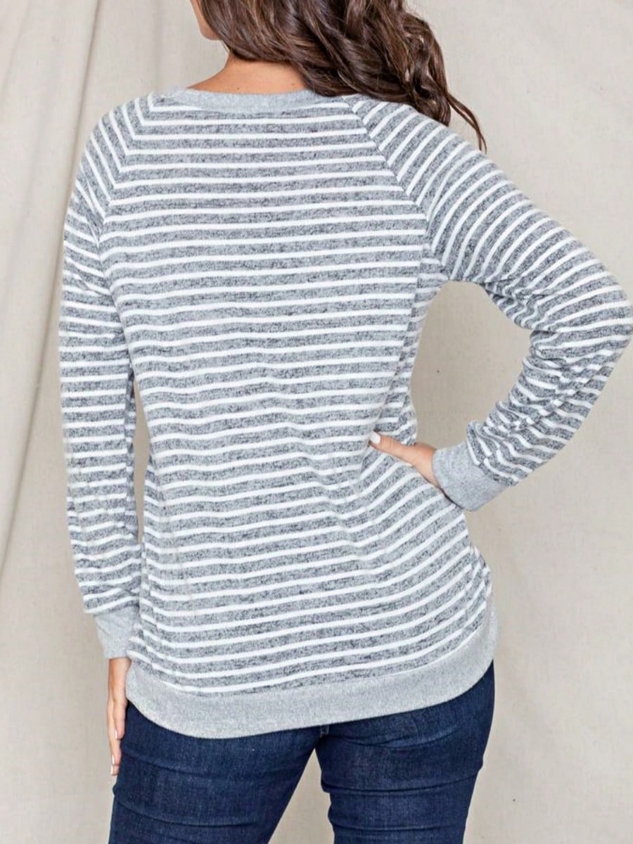 Boho Retro 60's Vintage Tulip Petal Hem Contrast Binding Brushed Soft Stripe Raglan Sleeve Tunic Top