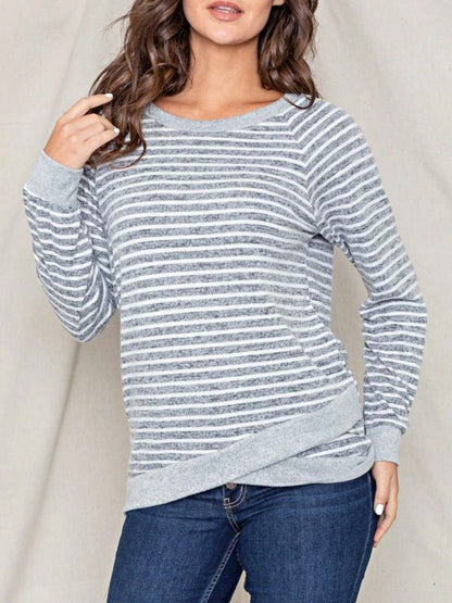 Boho Retro 60's Vintage Tulip Petal Hem Contrast Binding Brushed Soft Stripe Raglan Sleeve Tunic Top