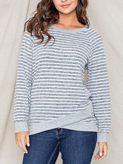 Boho Retro 60's Vintage Tulip Petal Hem Contrast Binding Brushed Soft Stripe Raglan Sleeve Tunic Top