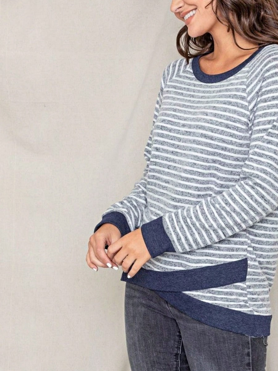 Boho Retro 60's Vintage Tulip Petal Hem Contrast Binding Brushed Soft Stripe Raglan Sleeve Tunic Top