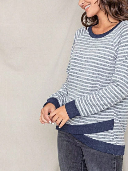 Boho Retro 60's Vintage Tulip Petal Hem Contrast Binding Brushed Soft Stripe Raglan Sleeve Tunic Top
