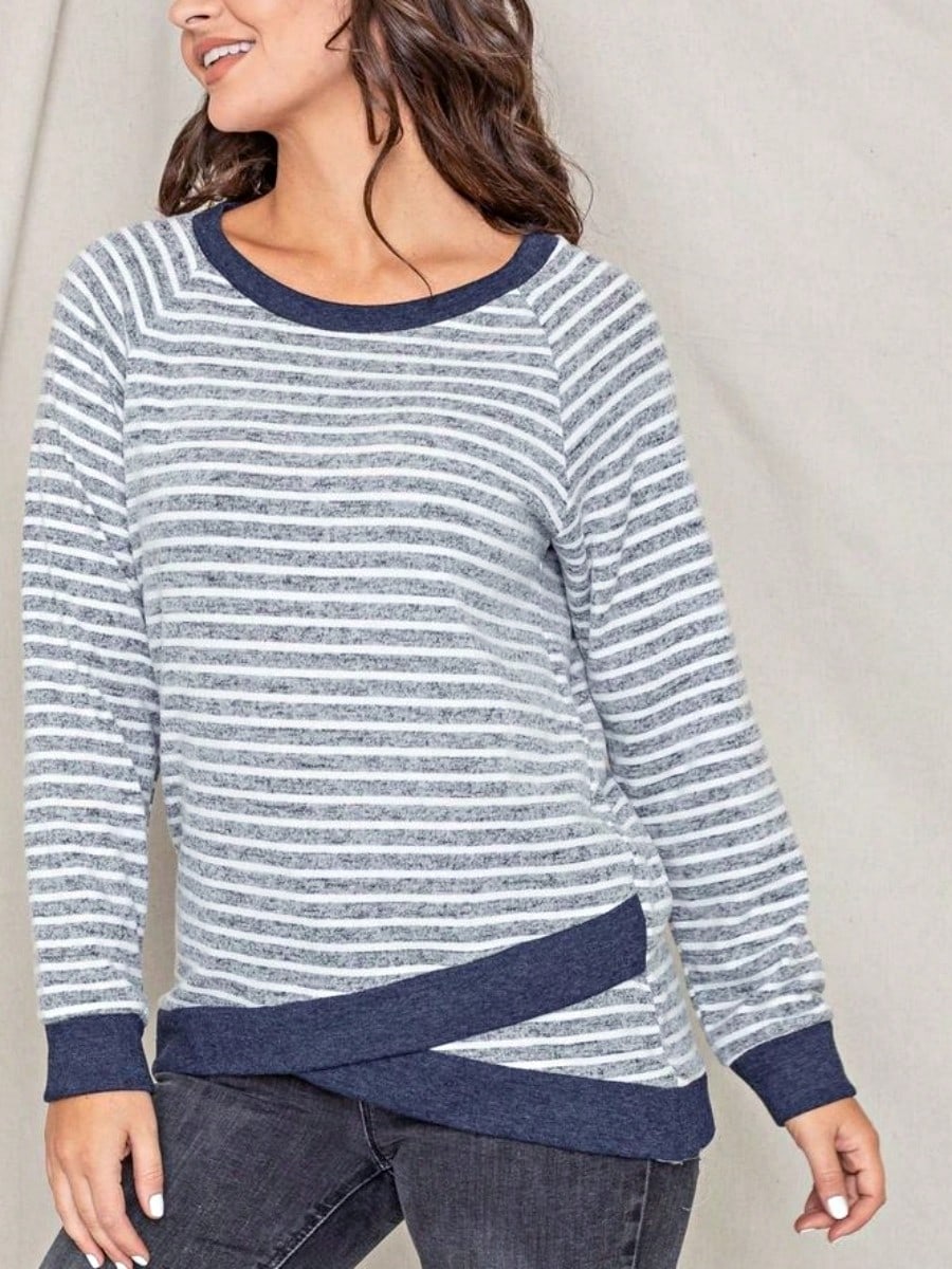 Boho Retro 60's Vintage Tulip Petal Hem Contrast Binding Brushed Soft Stripe Raglan Sleeve Tunic Top