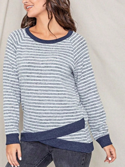 Boho Retro 60's Vintage Tulip Petal Hem Contrast Binding Brushed Soft Stripe Raglan Sleeve Tunic Top