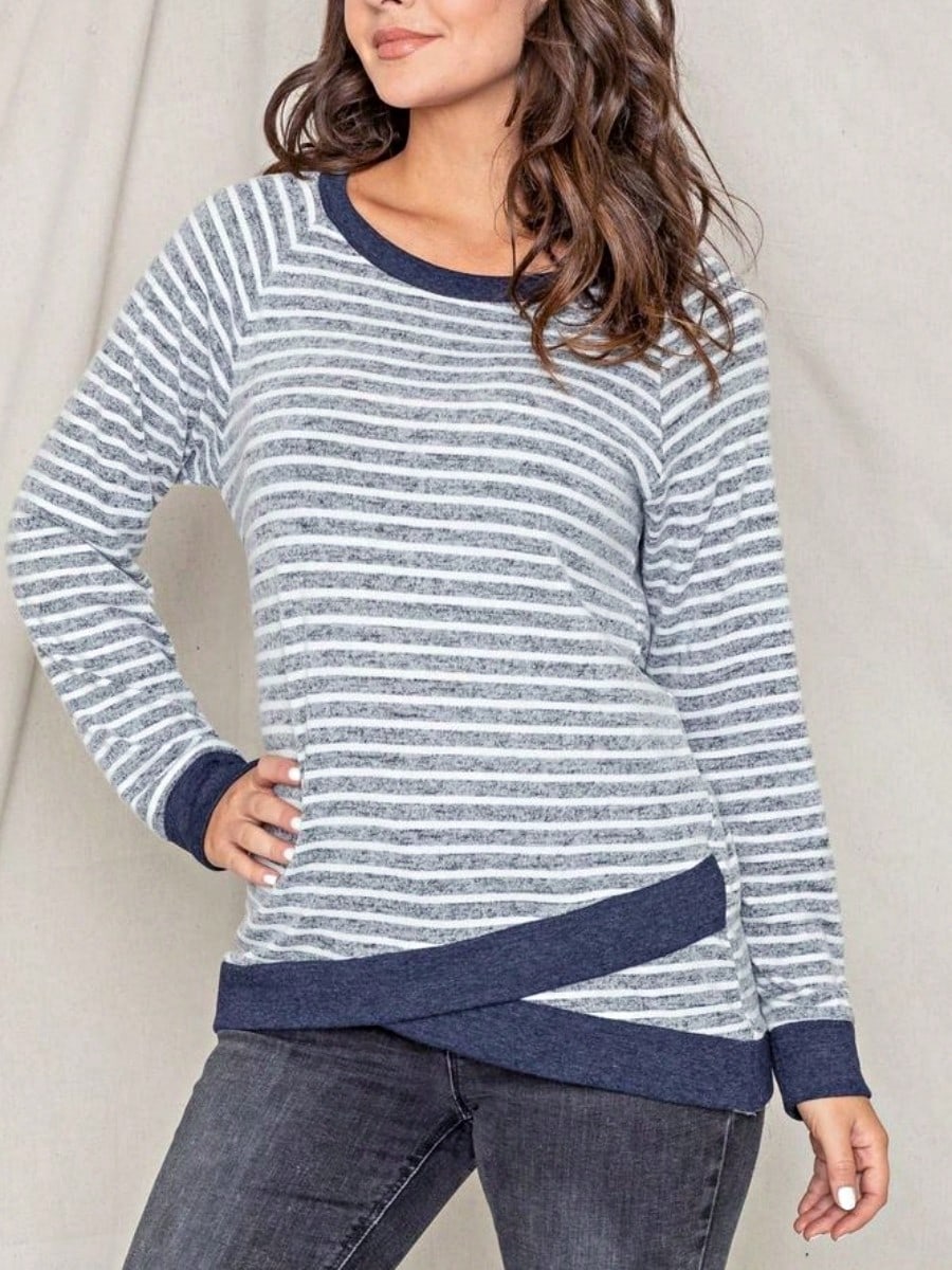 Boho Retro 60's Vintage Tulip Petal Hem Contrast Binding Brushed Soft Stripe Raglan Sleeve Tunic Top