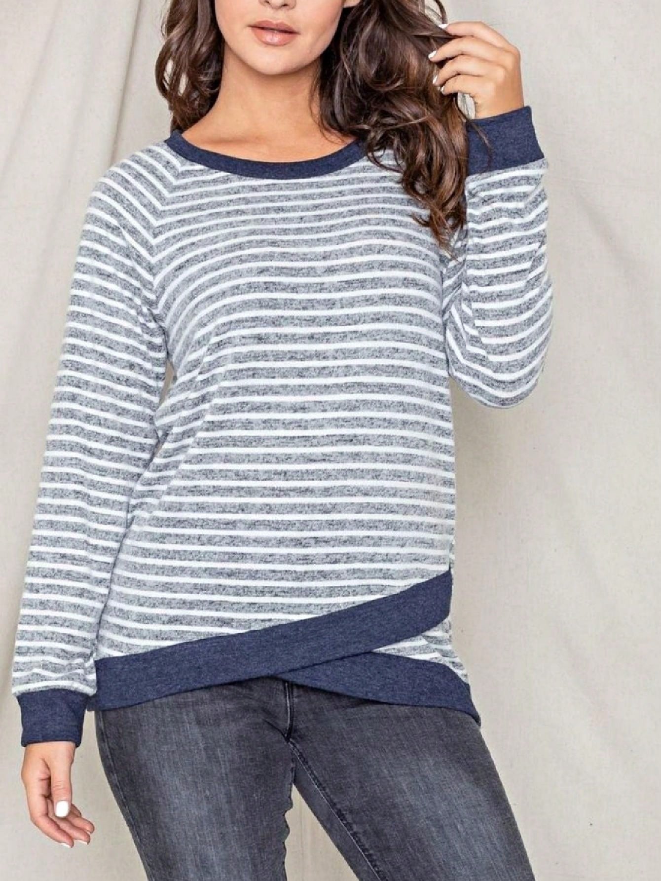 Boho Retro 60's Vintage Tulip Petal Hem Contrast Binding Brushed Soft Stripe Raglan Sleeve Tunic Top