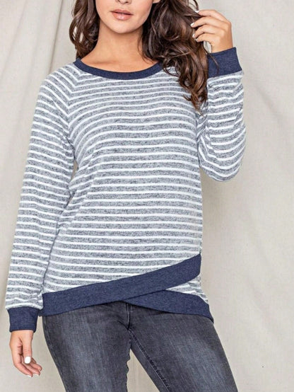 Boho Retro 60's Vintage Tulip Petal Hem Contrast Binding Brushed Soft Stripe Raglan Sleeve Tunic Top