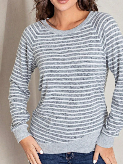 Boho Retro 60's Vintage Tulip Petal Hem Contrast Binding Brushed Soft Stripe Raglan Sleeve Tunic Top