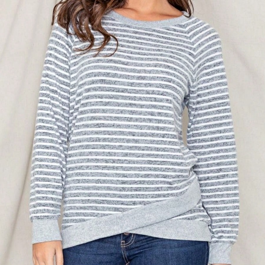 Boho Retro 60's Vintage Tulip Petal Hem Contrast Binding Brushed Soft Stripe Raglan Sleeve Tunic Top