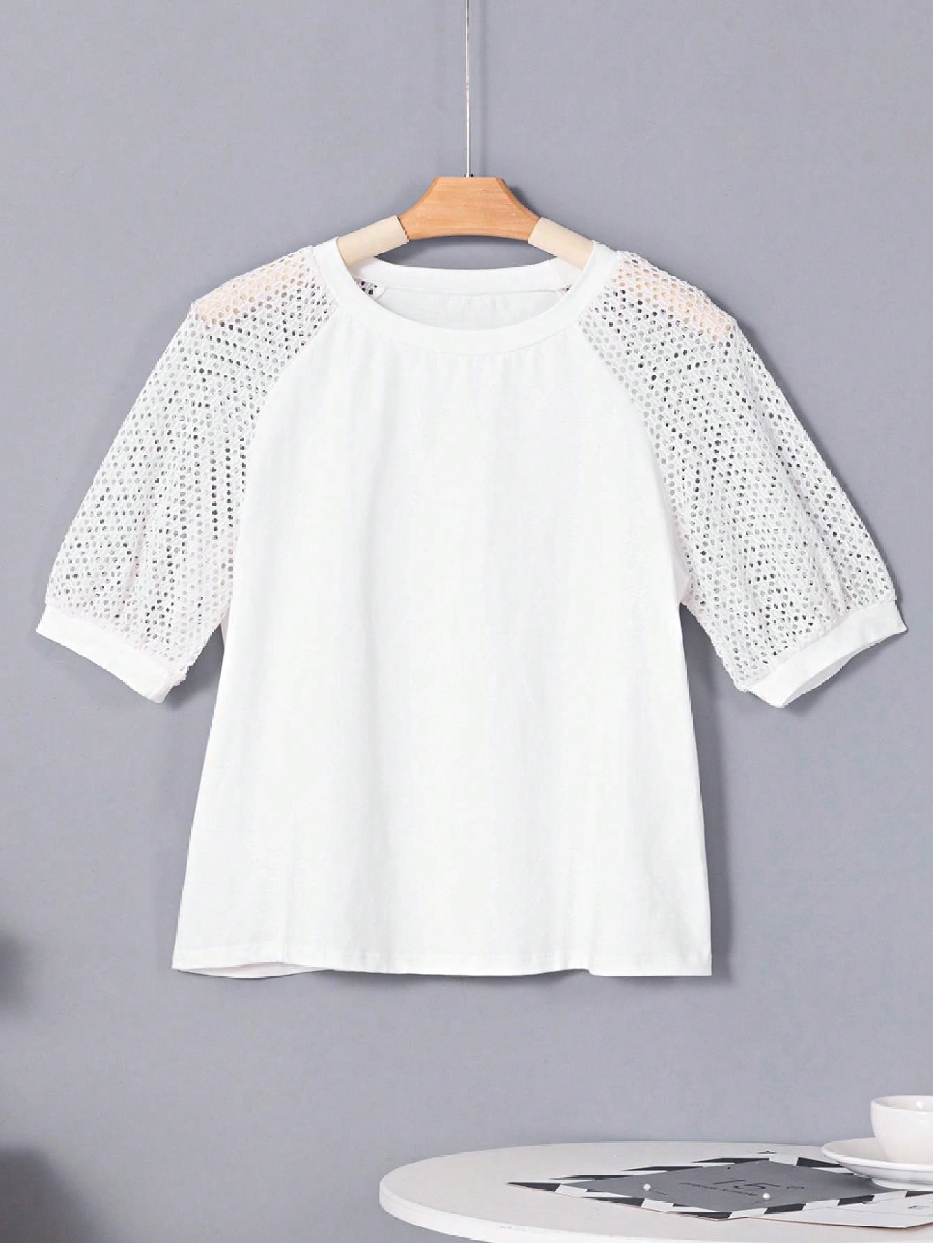 Boho Retro Vintage 90's Vibe White Cotton Short Lantern Bubble Puff  Sleeve  Embroidered Eyelet Hollow Top Shirt Blouse