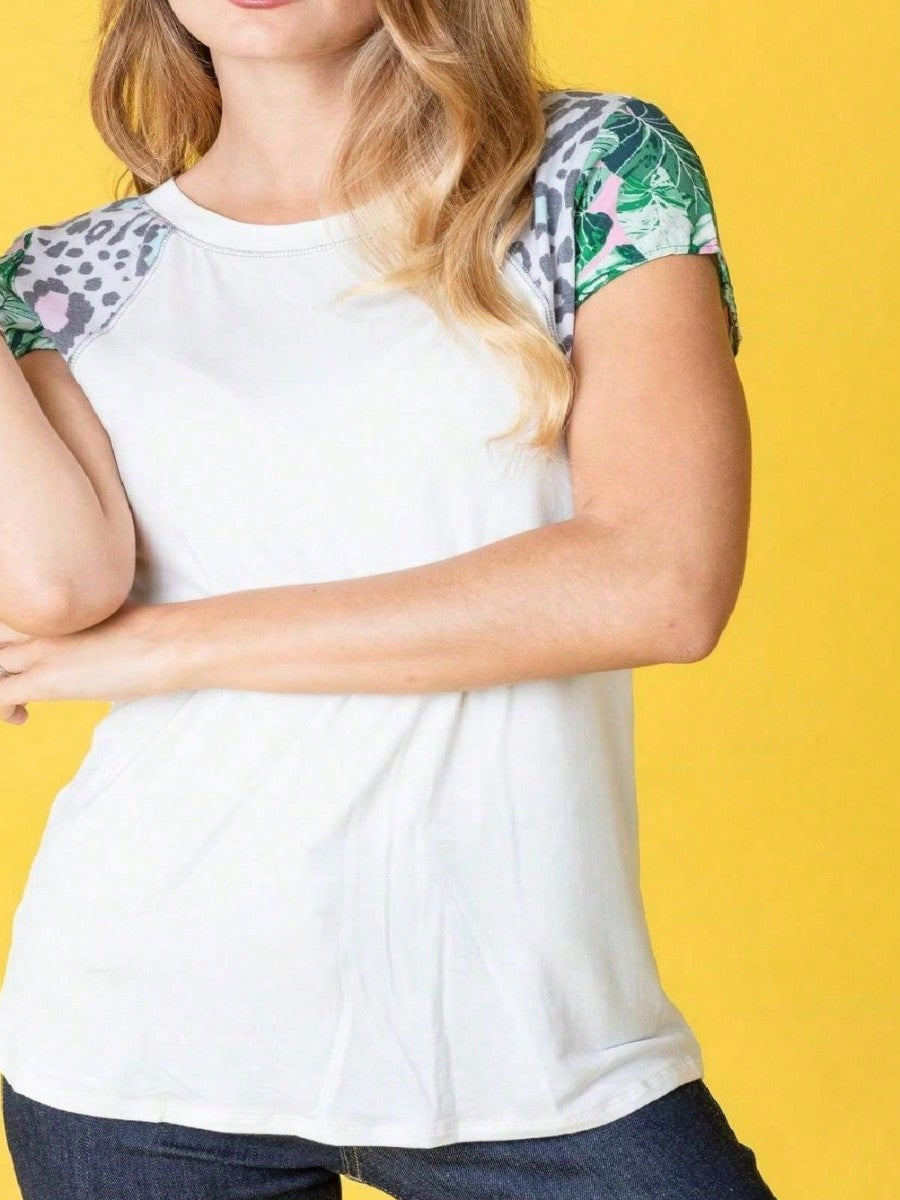 Leopard accent Raglan Cap Sleeve Top Shirt Blouse | S-3X