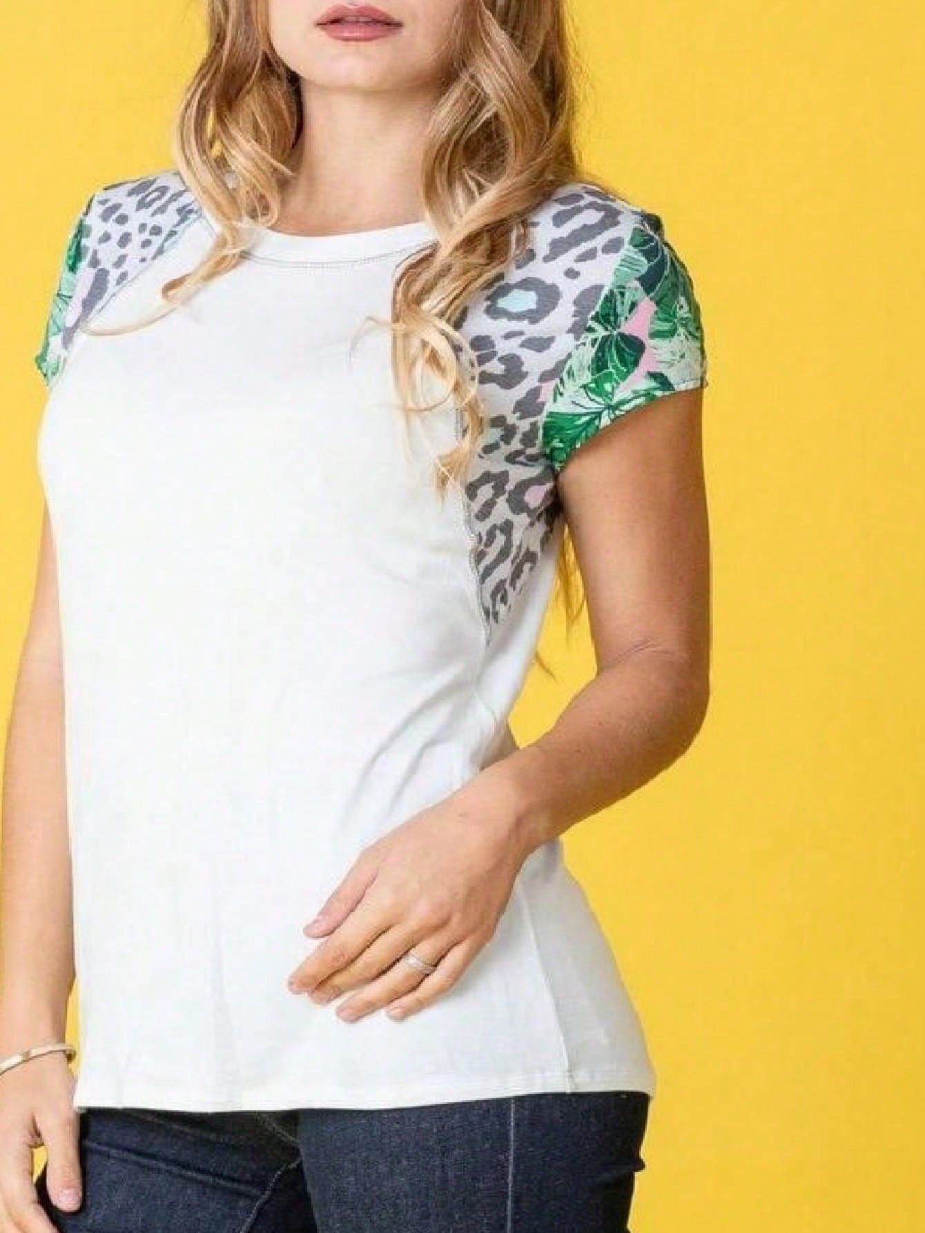 Leopard accent Raglan Cap Sleeve Top Shirt Blouse | S-3X