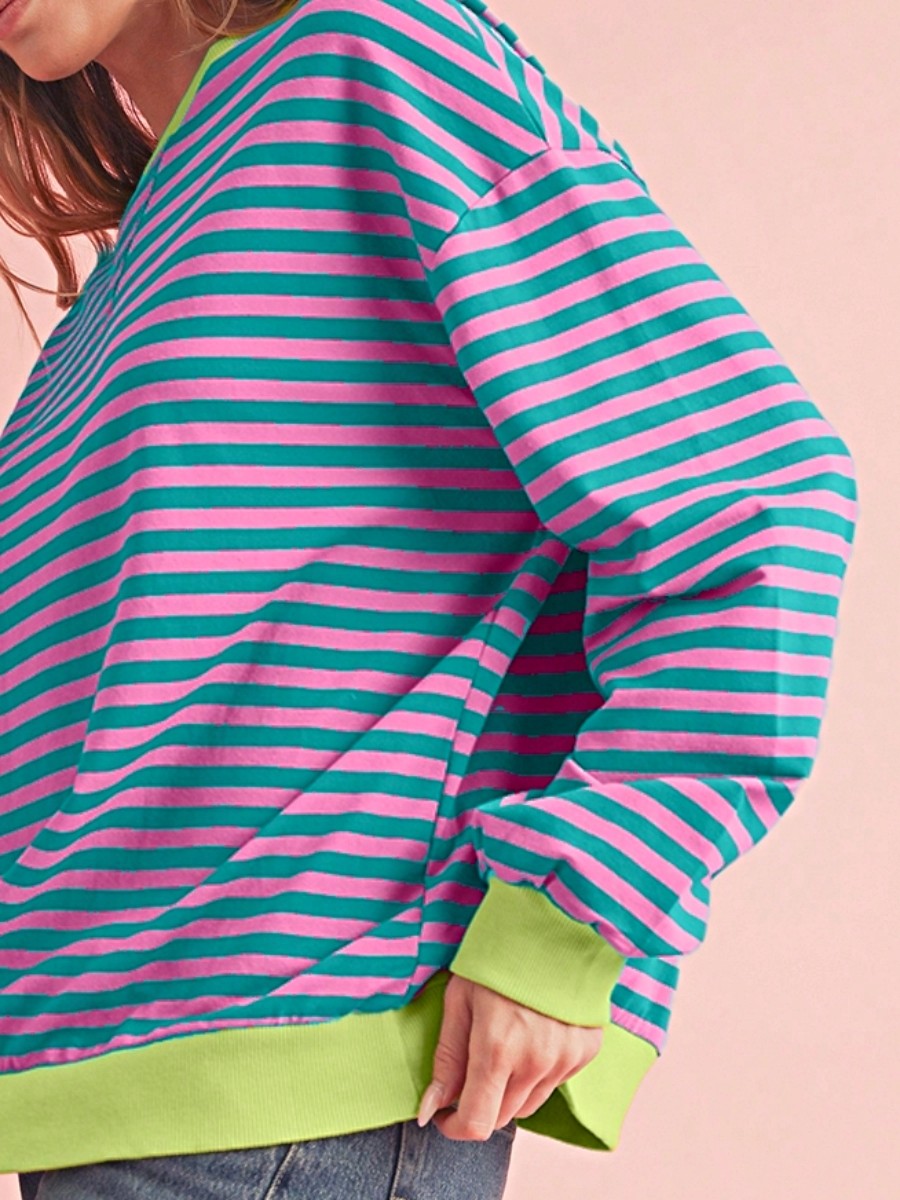 Boho Retro 90's Cotton Mix  Drop Shoulder Pink Mint Stripe Color Block Oversized Dolman T Shirt Top Shirt Blouse | Small-3 XL