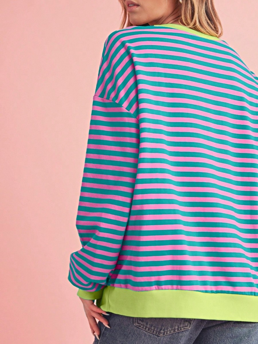 Boho Retro 90's Cotton Mix  Drop Shoulder Pink Mint Stripe Color Block Oversized Dolman T Shirt Top Shirt Blouse | Small-3 XL