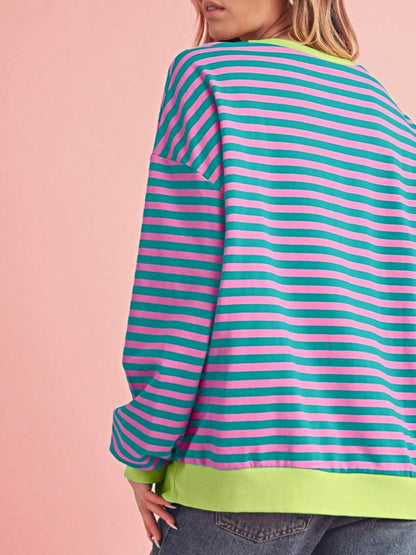 Boho Retro 90's Cotton Mix  Drop Shoulder Pink Mint Stripe Color Block Oversized Dolman T Shirt Top Shirt Blouse | Small-3 XL