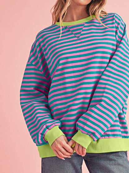 Boho Retro 90's Cotton Mix  Drop Shoulder Pink Mint Stripe Color Block Oversized Dolman T Shirt Top Shirt Blouse | Small-3 XL