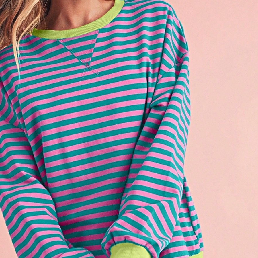 Boho Retro 90's Cotton Mix  Drop Shoulder Pink Mint Stripe Color Block Oversized Dolman T Shirt Top Shirt Blouse | Small-3 XL