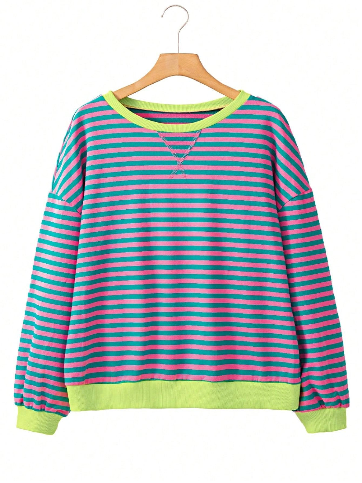 Boho Retro 90's Cotton Mix  Drop Shoulder Pink Mint Stripe Color Block Oversized Dolman T Shirt Top Shirt Blouse | Small-3 XL