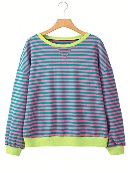 Boho Retro 90's Cotton Mix  Drop Shoulder Pink Mint Stripe Color Block Oversized Dolman T Shirt Top Shirt Blouse | Small-3 XL