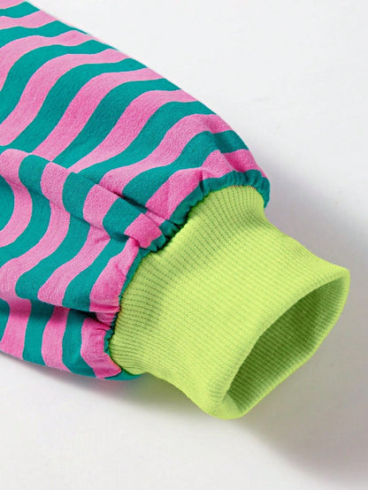 Boho Retro 90's Cotton Mix  Drop Shoulder Pink Mint Stripe Color Block Oversized Dolman T Shirt Top Shirt Blouse | Small-3 XL