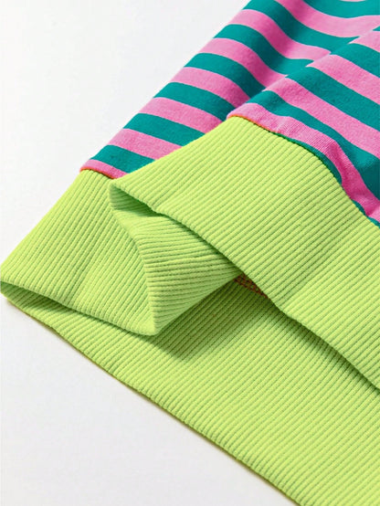Boho Retro 90's Cotton Mix  Drop Shoulder Pink Mint Stripe Color Block Oversized Dolman T Shirt Top Shirt Blouse | Small-3 XL