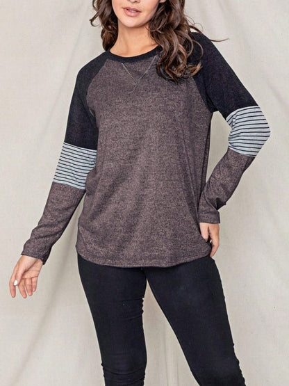 Boho Retro 90's Vintage V Stitch  Stripe Knit Contrast Binding Brushed Soft Stripe Raglan Sleeve Tunic Top Pullover