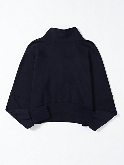 Boho Retro Vintage 90's Cotton Stand Collar  Solid Kangaroo Front Pocket Thumbhole Long Sleeve Zip Up Top Sweatshirt Pullover