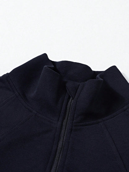 Boho Retro Vintage 90's Cotton Stand Collar  Solid Kangaroo Front Pocket Thumbhole Long Sleeve Zip Up Top Sweatshirt Pullover