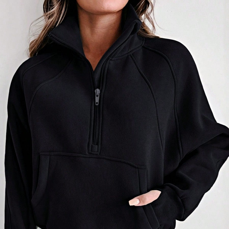 Boho Retro Vintage 90's Cotton Stand Collar  Solid Kangaroo Front Pocket Thumbhole Long Sleeve Zip Up Top Sweatshirt Pullover