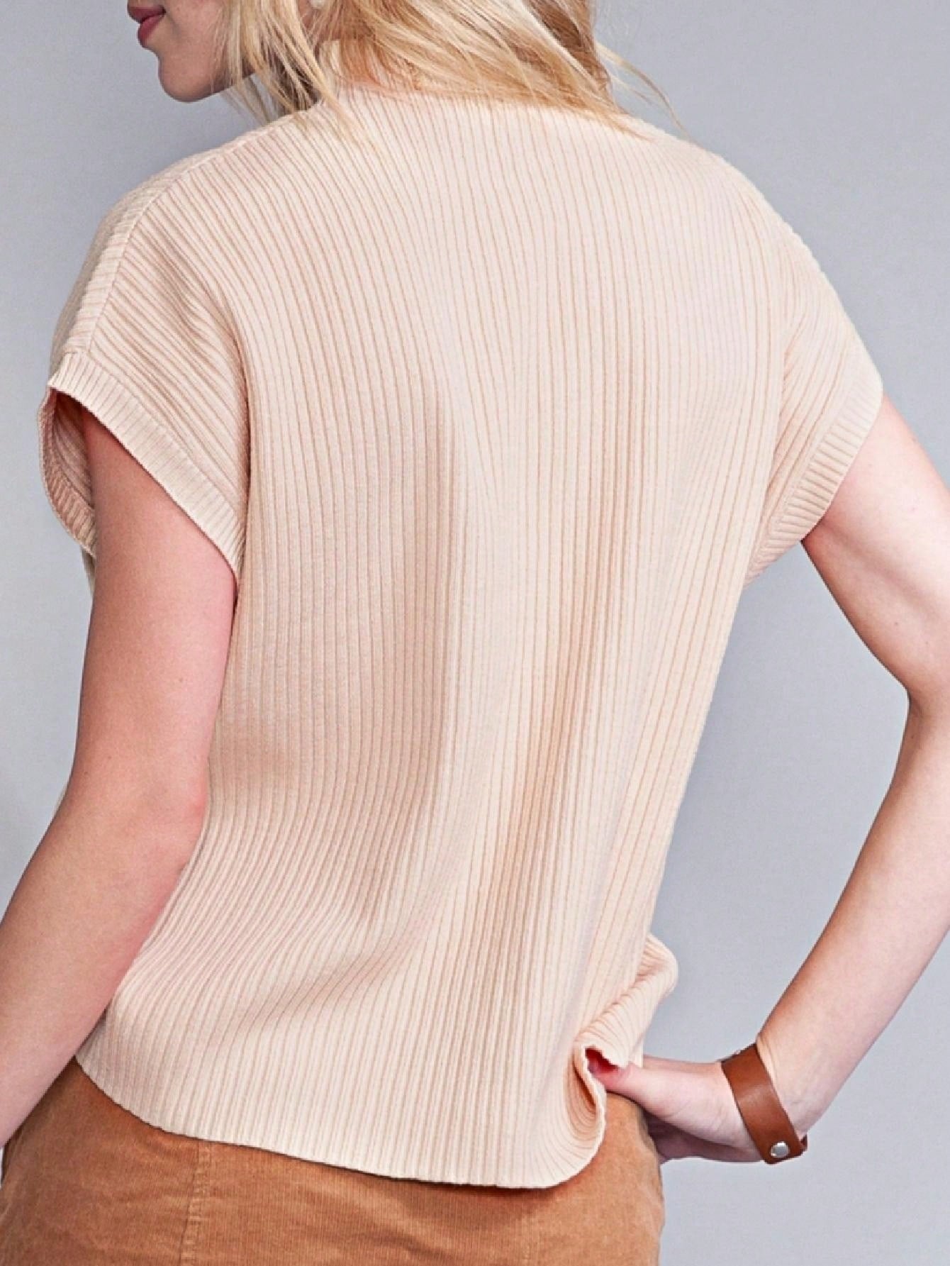 Boho Retro Vintage Viscose Vanilla Beige Green Front Pocket High Mock Neck Ribbed Top Shirt Blouse Vest
