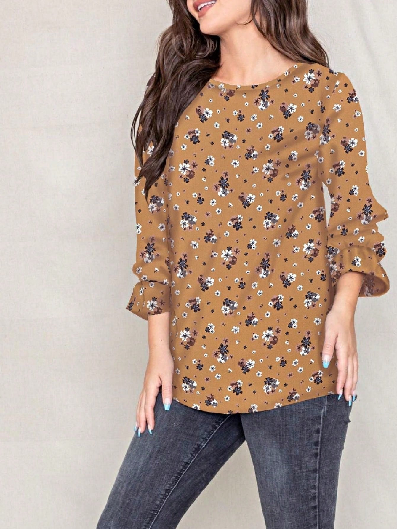 Boho Retro Woven Ditsy Floral Shirred Ruffle Woven Long Sleeve Blouse Top |  Small -3 XL