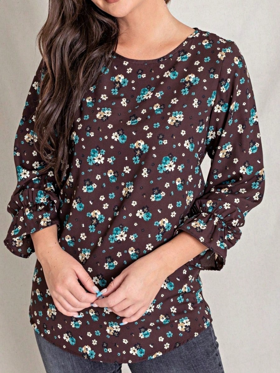 Boho Retro Woven Ditsy Floral Shirred Ruffle Woven Long Sleeve Blouse Top |  Small -3 XL